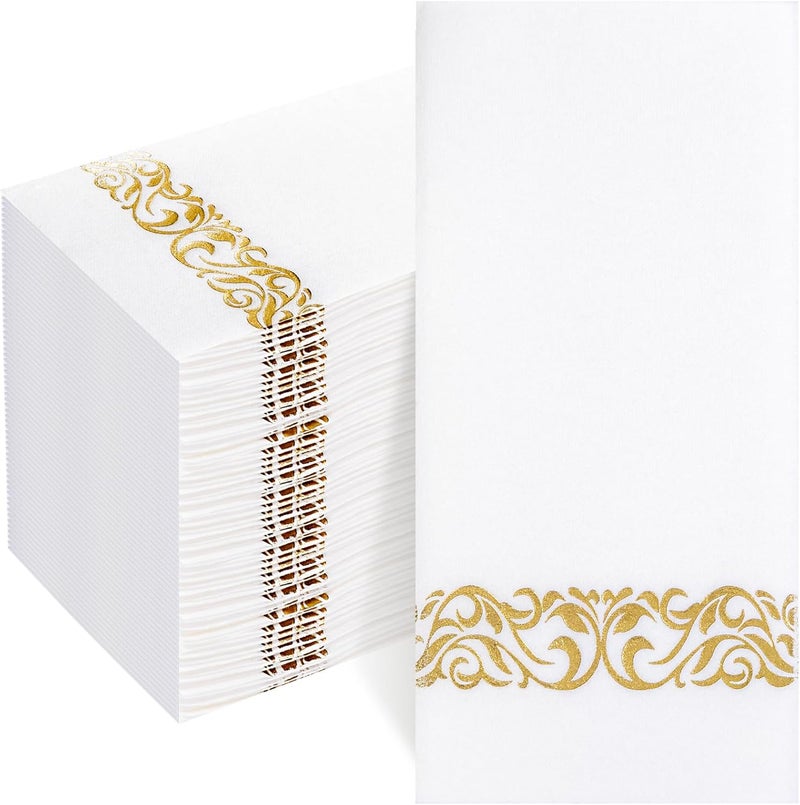 Joyido 50PCS Gold Napkins Disposable - White and Gold Paper Napkins - Cloth-Like Feel Dinner Paper - Elegant Heavy Duty Hand Towels for Bathroom Party Bridal Decorative Reception - Image 1